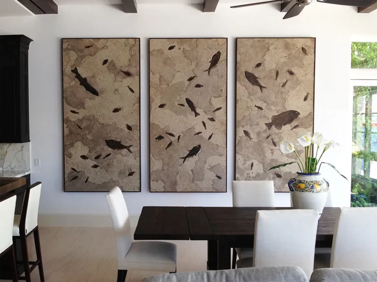 Large fossil stone triptych in a Hampton's home