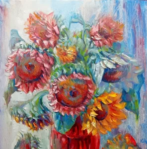 Alex Klas, Various sunflowers in a red vase 2, 2023, Oil on canvas,  30×24", $23300