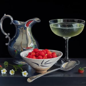 Jessica Brown, Still Life with Wild Strawberries, Silver Cream Jug and Champagne Coup, 2025, oil on limewood panel, 10 x 8 in