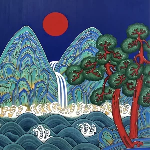 Kate Oh, The Sun, Moon, and Five Peaks, mineral pigment on hanji wrapped on wooden panel, 36 x 72 in