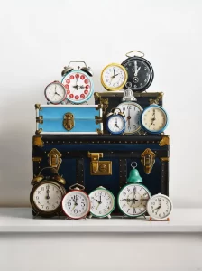 Christopher Stott, Twelve Vintage Alarm Clocks, oil on canvas, 40 x 30 in
