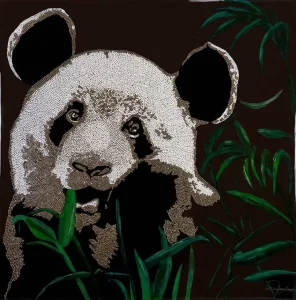 Regina Sultanova, Panda, 2025, Swarowski crystals wooden panel, 20 x 20 in
